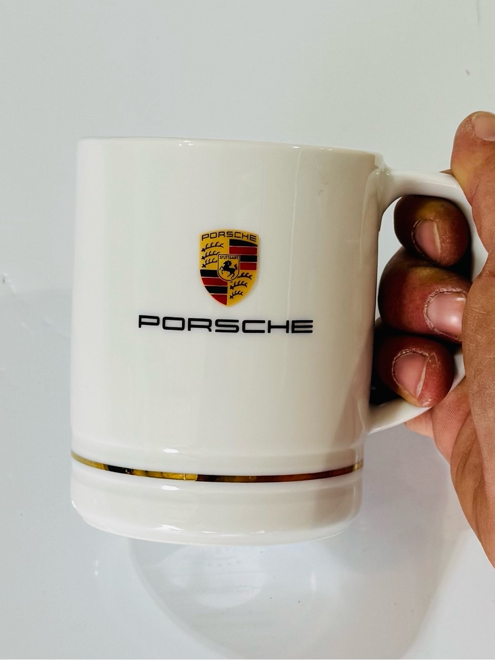 PORSCHE White Coffee Mug w/Crest & Gold Trim 14oz Made in Germany by KAHLA